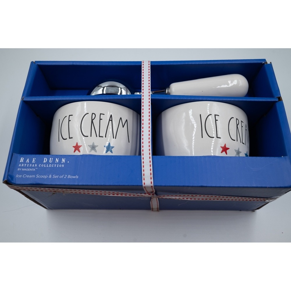 Rae Dunn Artisan Collection Ice Cream Scoop and Set of 2 Bowls Patriotic Stars
